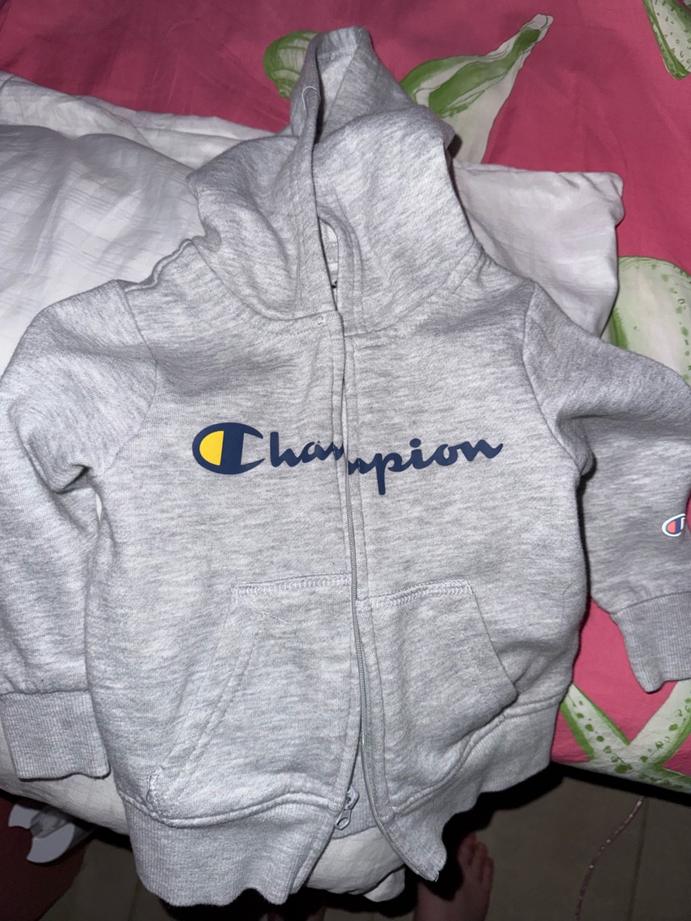 Champion Kids Light Gray Zip Hoodie with Navy and Yellow Logo